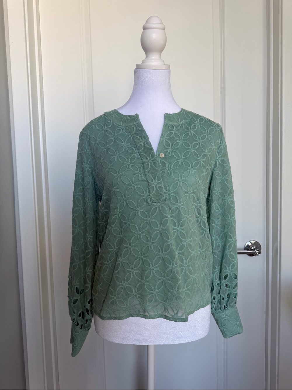 Ann Taylor Sage Eyelet Split-Neck Blouse